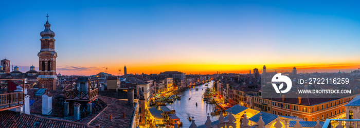 Sunset rooftop panorama of Grand Canal in Venice. Italy