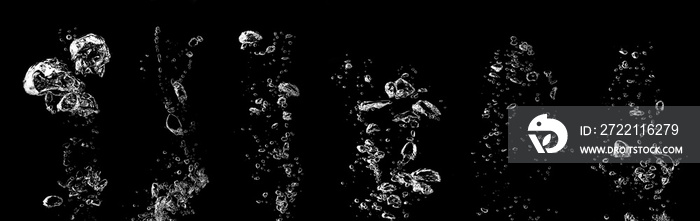 small air water bubbles or soda floating up to water surface. Gas power in carbonate refreshing on black background