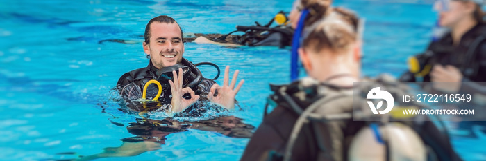 Diving instructor and students. Instructor teaches students to dive BANNER, long format