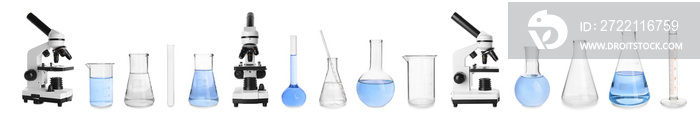 Set of laboratory glassware and microscopes on white background