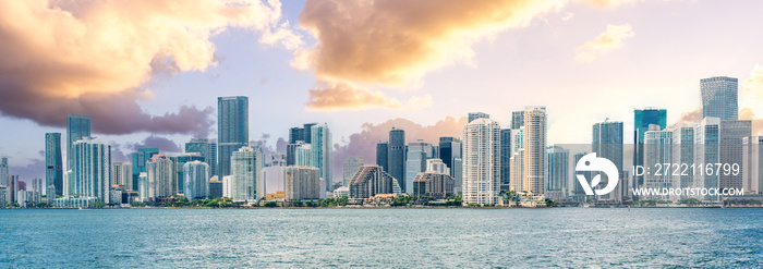 Miami Downtown skyline at sunset with Biscayne Bay