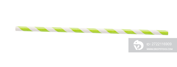 Green stripped paper straw on white background