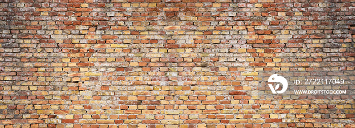 Panoramic background of old vintage red brick wall