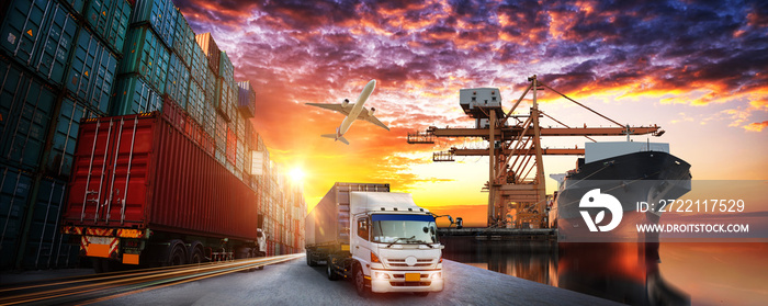 Logistics and transportation of Container Cargo ship and Cargo plane with working crane bridge in shipyard at sunrise, logistic import export and transport industry background