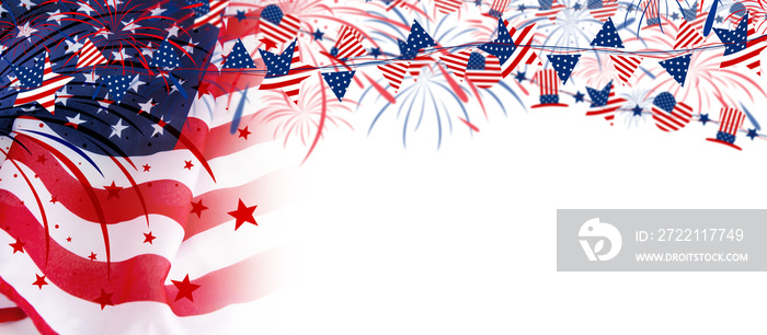 USA flag with fireworks on white background