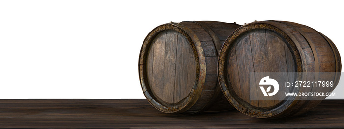 Old oak barrels in the cellar. Fermentation of alcoholic beverages. Wine warehouse.