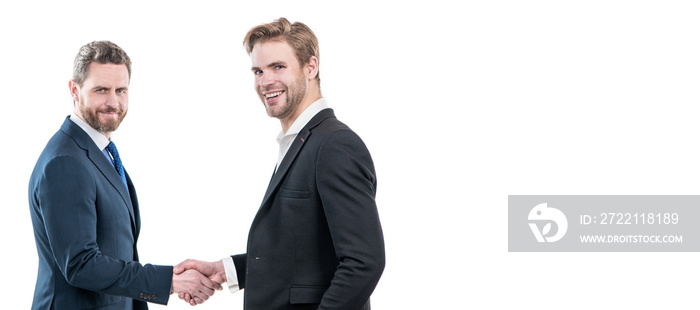 Man face portrait, banner with copy space. two businessmen colleagues shaking hands after successful business deal, partnership.