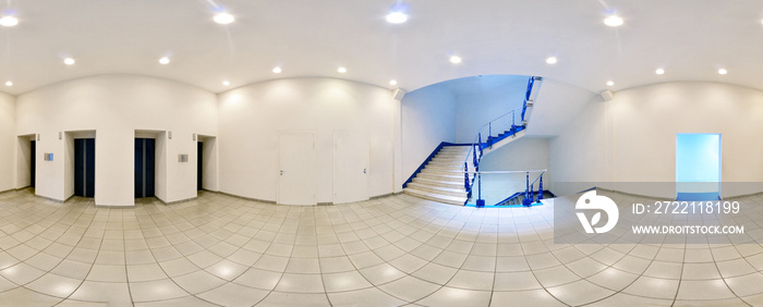 Spherical 360 degrees panorama projection, in interior empty long corridor with doors and entrances to different rooms and lift.