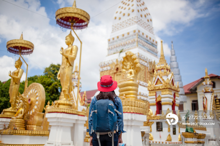 Asian woman backpacker solo travels and lifestyle at ancient in Thailand