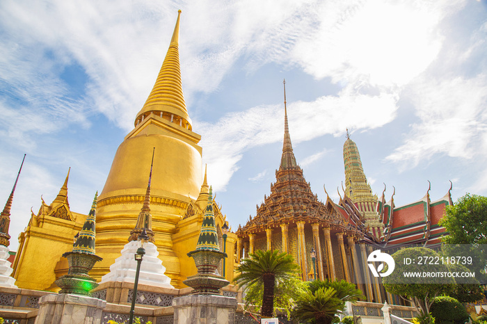 Picture inside of the Emerald Buddha Temple and the Grand Palace with The great pagoda and church against the sky, This is an important Buddhist temple and a famous tourist destination of Bangkok