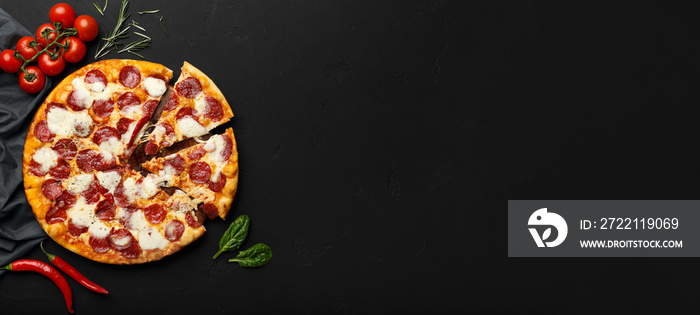 Tasty Pizza And Cooking Ingredients On Background With Copy Space