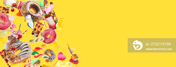 Many flying donuts and sweets on yellow background with space for text