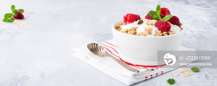 Healthy breakfast with oatmeal granola, berries and yogurt on light gray background. Copy space. Banner.