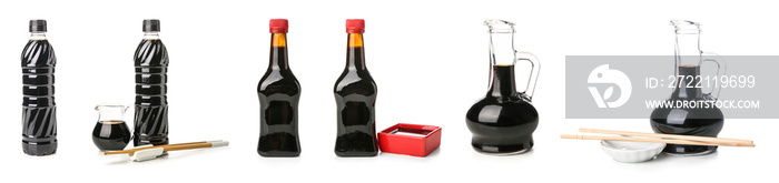 Set of soy sauce on white background