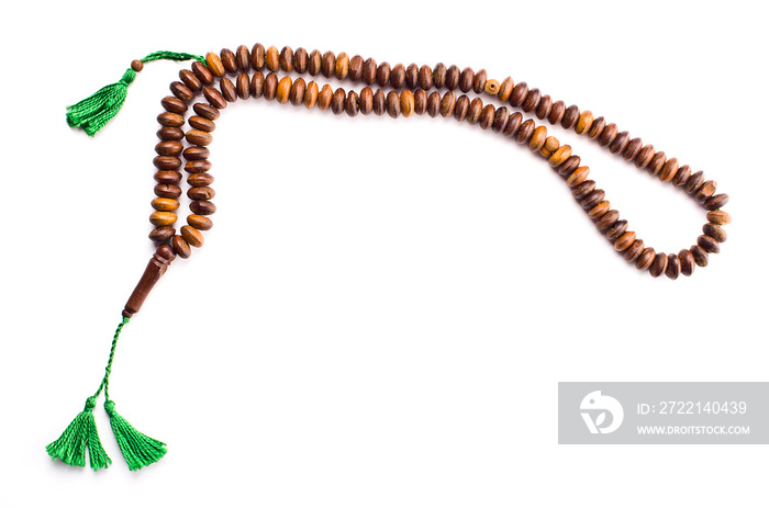 Closeup of an isolated japamala or tibetan chaplet on a white background