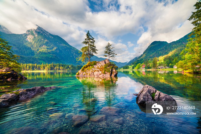 Magnificent summer scene of Hintersee lake. Colorful morning view of Austrian Alps, Salzburg-Umgebung district, Austria, Europe. Beauty of nature concept background.