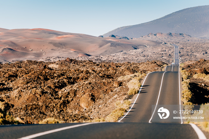 Scenic road at Timanfaya, Lanzarote. Volcanic Landscape Canary Islands