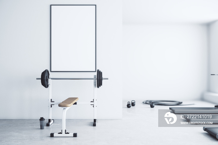 Modern gym interior with empty poster, equipment and daylight. Mock up, 3D Rendering.