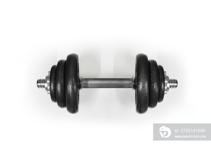 Metal dumbbells, top view isolated on white background. Gym, fitness and sports equipment symbols.