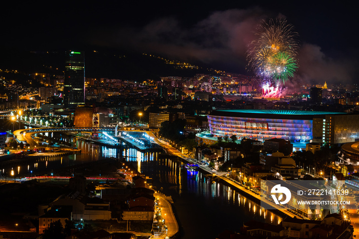 Bilbao at night with the fireworks during the festival of Aste Nagusia, Basque Country, Spain