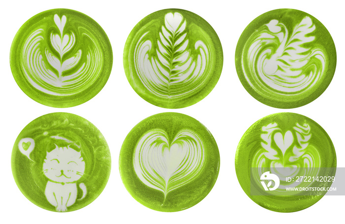 List of matcha latte art shapes isolated on white background