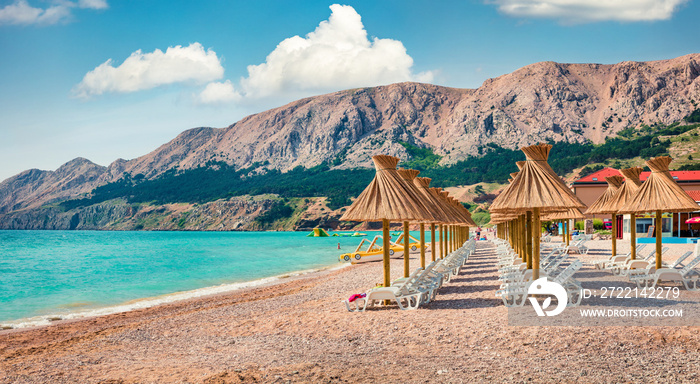 Sunny morning scene of Baska Beach. Amazing summer seascape of Adriatic sea, Baska town location, Krk island, Kvarner bay archipelago, Croatia, Europe. Beautiful world of Mediterranean countries.