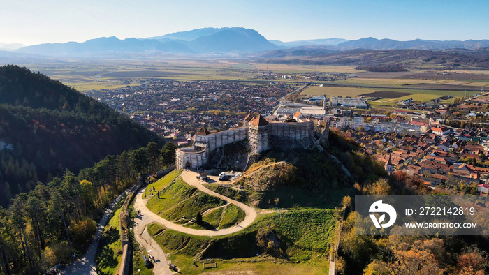 Aerial drone view of The Rasnov Fortress in Romania