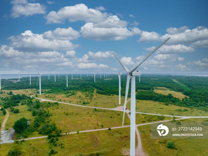 Aerial view of the offshore windmill farm, windmills isolated on a beautiful bright day in the middle of a forest. Green energy.