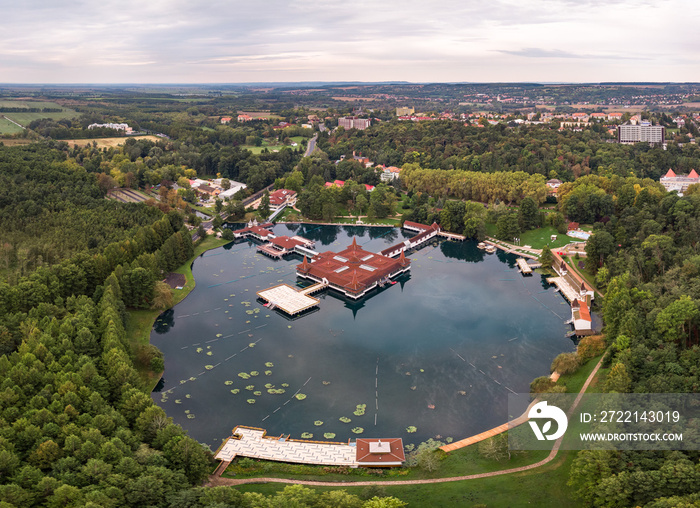 Aerial panoramic drone photo of the famous hot lake therapeutic wellness bath in Heviz in Hungary