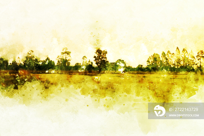 Beautiful field and tree landscape watercolor painting background