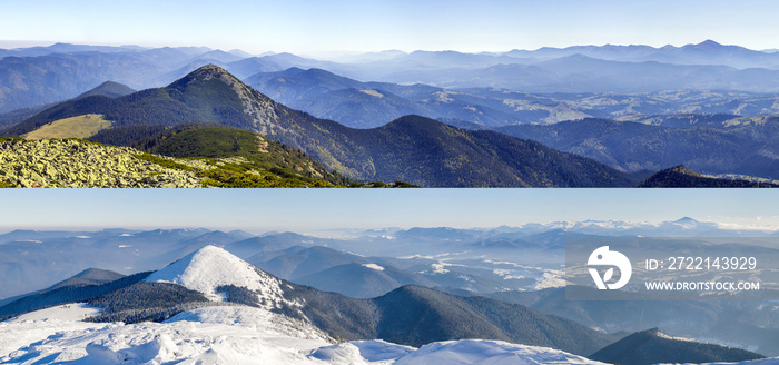 Mountain landscape in winter and in summer. Comparison of two se