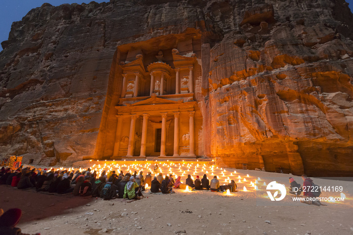 The Treasury, Petra By Night. An Ancient City of Petra, Al Khazneh in Jordan