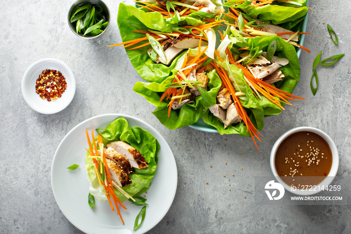 Asian inspired grilled chicken carrot and ginger lettuce wraps