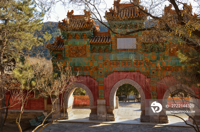 Gate with three arches in park of Putuo Zongcheng temple in China close to Chengde city in Hebei province.