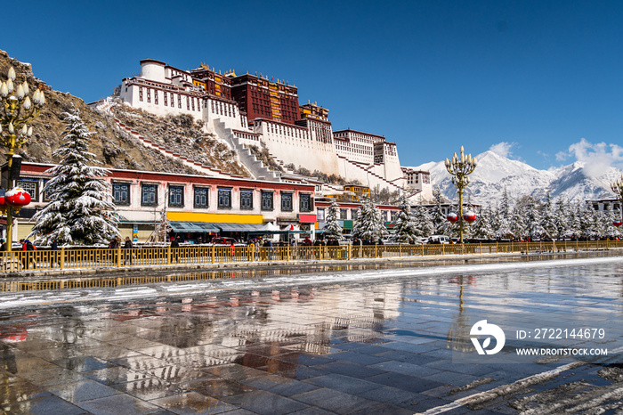 Stunning view of the Potala Palace in Lhasa in Tibetan province of China after a rare snowfall in winter.