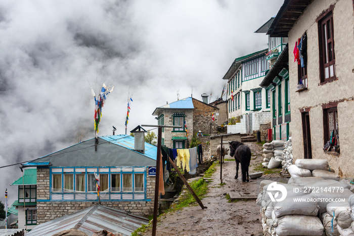 View in the city of Namche Bazaar on the everest base camp trail, Himalaya, Nepal