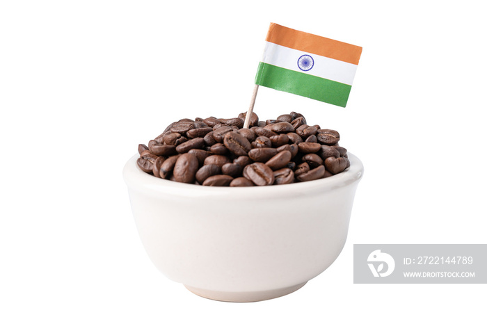 India flag on coffee beans, import export drink food concept.