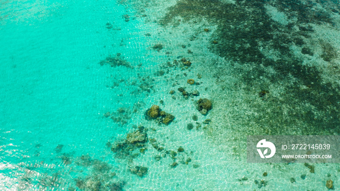 Turquoise lagoon surface on atoll and coral reef, copy space for text. Top view transparent turquoise ocean water surface. background texture