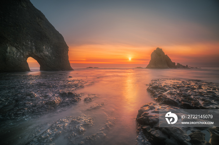 Wide angle photograph of a winter sunset at coastal Olympic National Park