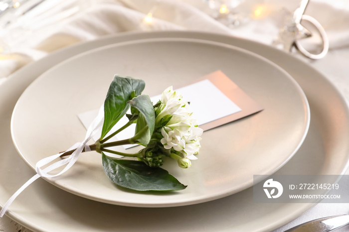 Beautiful table setting for wedding and flowers, closeup