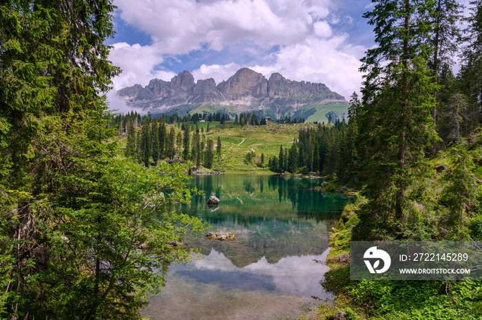 Extremely clear water with reflection in Carezza lake in South Tyrol, Italy. Surrounded by green , rich forest and dolomite mountains, Alps.