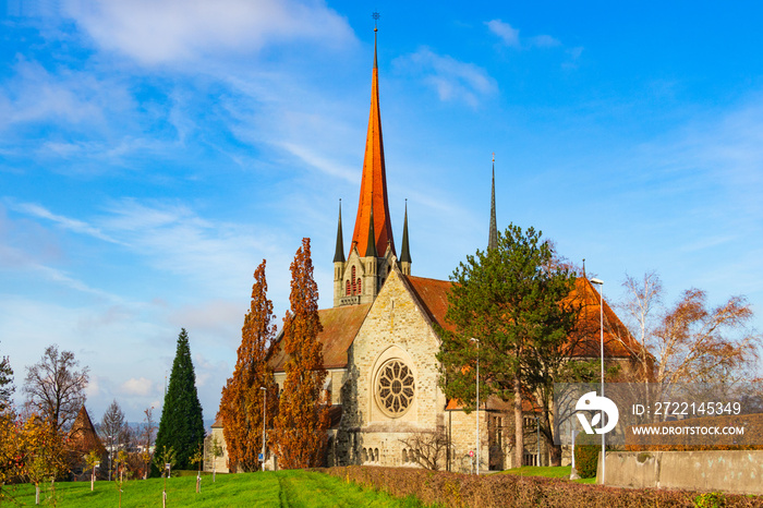 Panoramic view of St. Michael Catholic Church in autumn, Zug, Switzerland