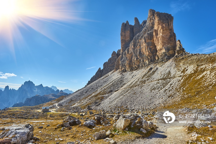 famous peaks of Tre Cime di Lavaredo National park, UNESCO world heritage site in Dolomites, Italy