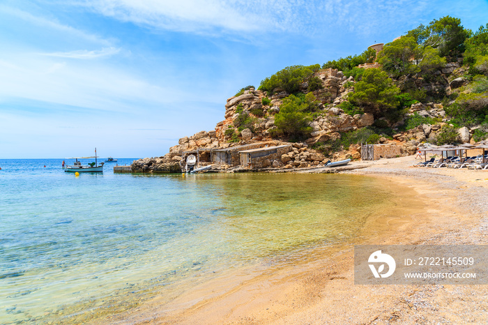 View of beautiful Cala Carbo bay with emerald green sea water, Ibiza island, Spain