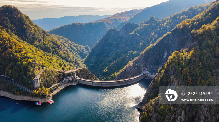 Aerial drone view of Vidraru dam in Romania