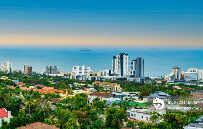 Aerial view uMhlanga suburb and seaside skyline during sunset in KwaZulu-Natal, South Africa