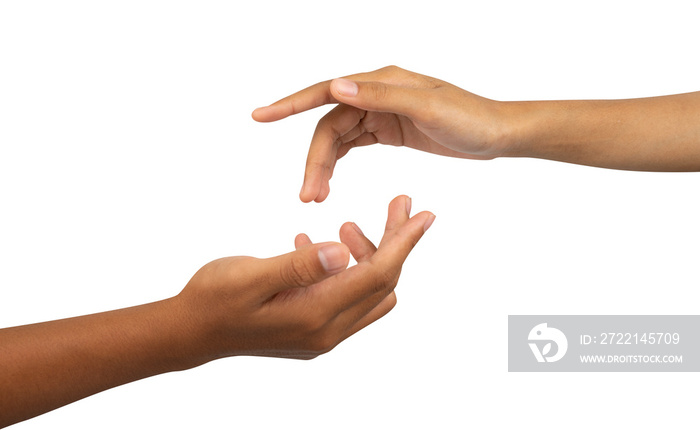 Two female and male hands facing each other