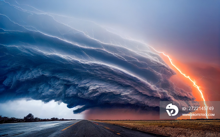 dramatic and powerful tornado. Lightning thunderstorm flash over the night sky. Concept on topic weather, cataclysms (hurricane, Typhoon, tornado, storm). Stormy Landscape.