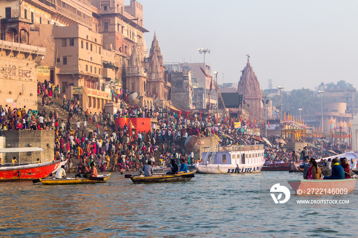 Varanasi Ghats, Diwali Festival, Ganges River and Boats, Uttar Pradesh, India