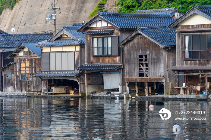 Lined up boathouses at Ine Town in Kyoto, Japan